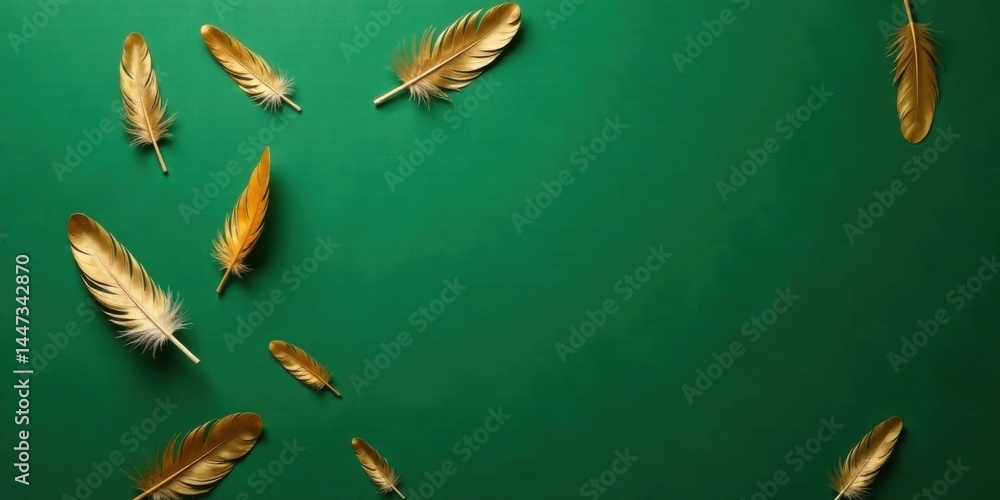 Elegant Golden Feathers Scattered on a Rich Green Background A Luxurious Design Element for Festive Occasions