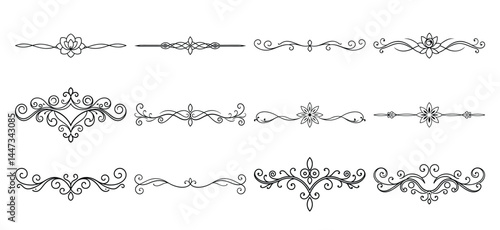 Text delimiters and scroll elements, Graphic underline elements, Vintage divider, vector illustration border, graphic elements
