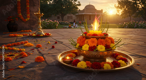 Colorful Floral Offering at Sunset in an Indian Setting