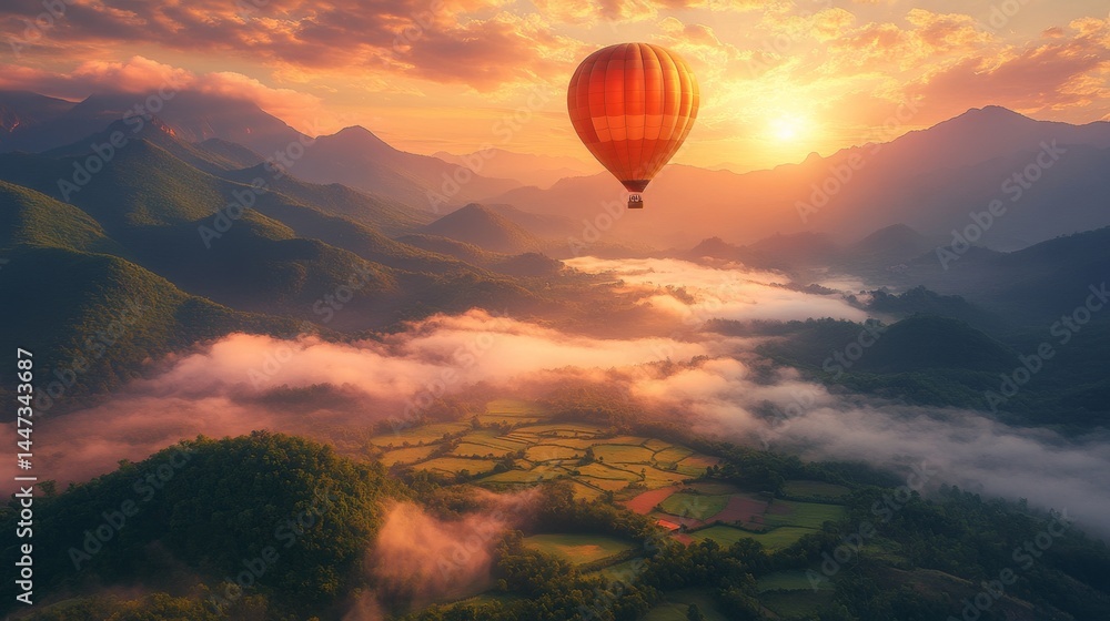Breathtaking sunrise hot air balloon ride over a valley. Breathtaking sunrise hot air balloon ride over a valley.