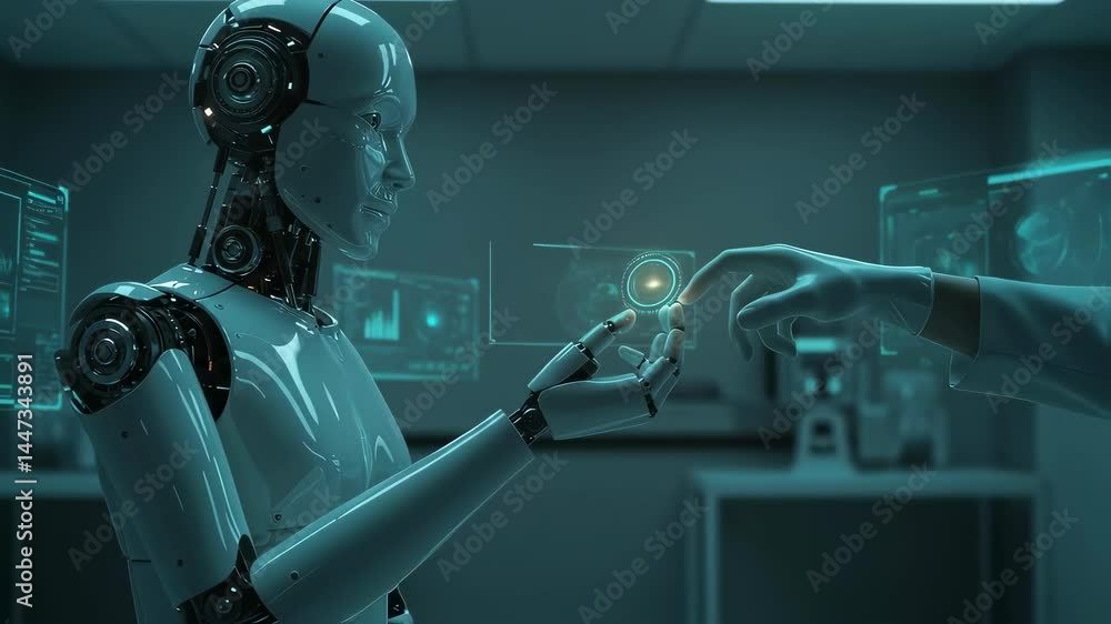 Humanoid Robot Interacting with a Human Hand Advanced AI and Robotics ...