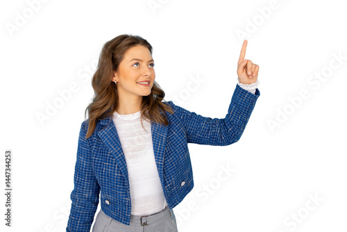 Businesswoman pointing with index finger upwards on transparent background
