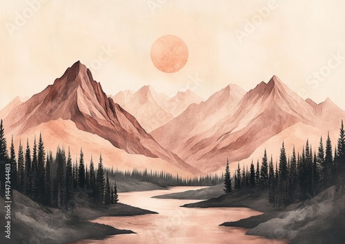 A mountain range with a large sun in the sky