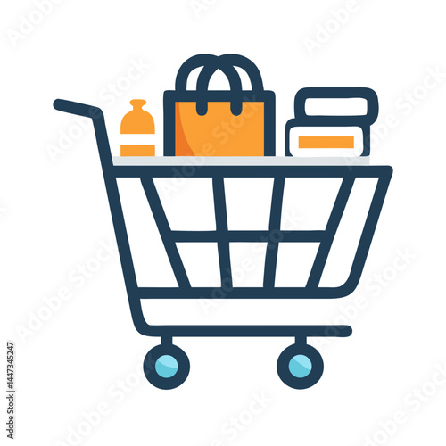 Shopping Cart with Essentials Icon Representing Grocery Shopping and Basic Needs