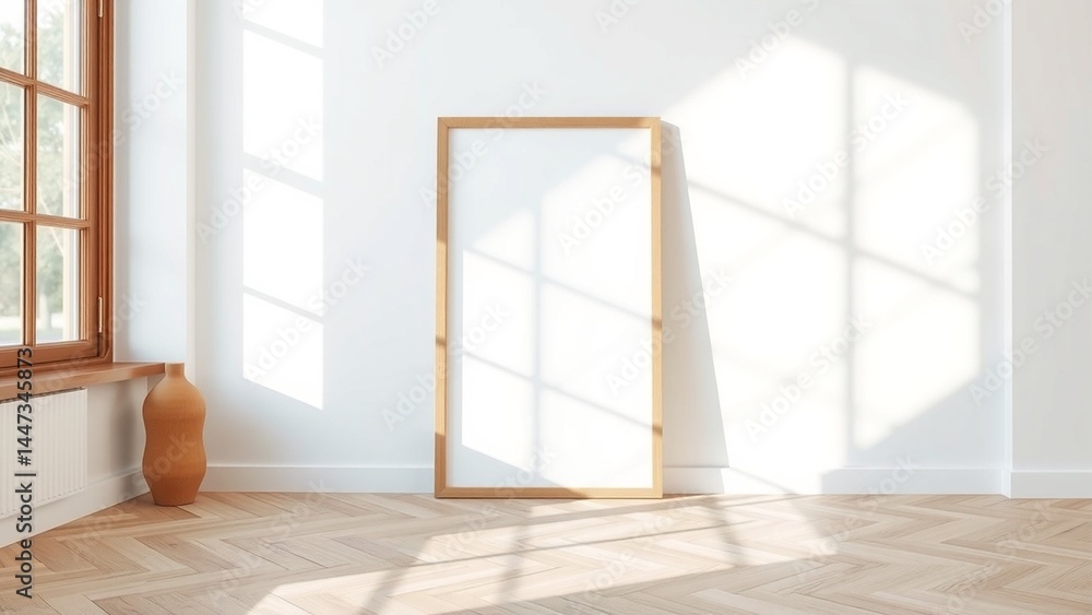 A modern minimalist interior scene with a blank square wooden frame leaning against a white wall. Soft natural sunlight enters through large window panes on the left A modern minimalist interior scene with a blank square wooden frame leaning against a white wall. Soft natural sunlight enters through large window panes on the left