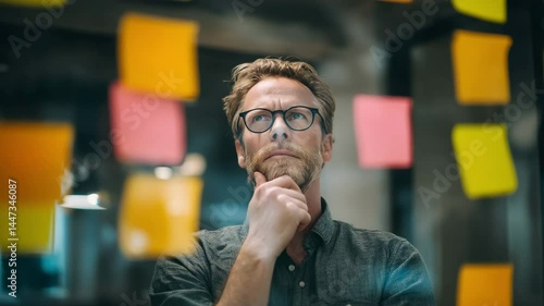 A thoughtful businessman at a contemporary workplace, surrounded by colorful sticky notes, reflects on ideas and strategies, brainstorming