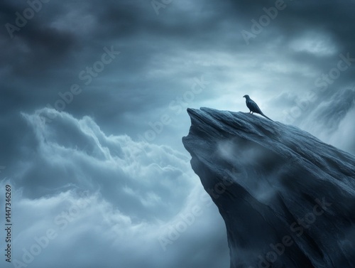 Dark Raven on Jagged Cliff in Stormy Sky

