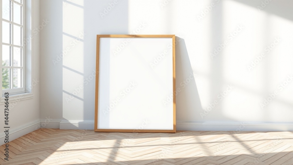 A modern minimalist interior scene with a blank square wooden frame leaning against a white wall. Soft natural sunlight enters through large window panes on the left A modern minimalist interior scene with a blank square wooden frame leaning against a white wall. Soft natural sunlight enters through large window panes on the left