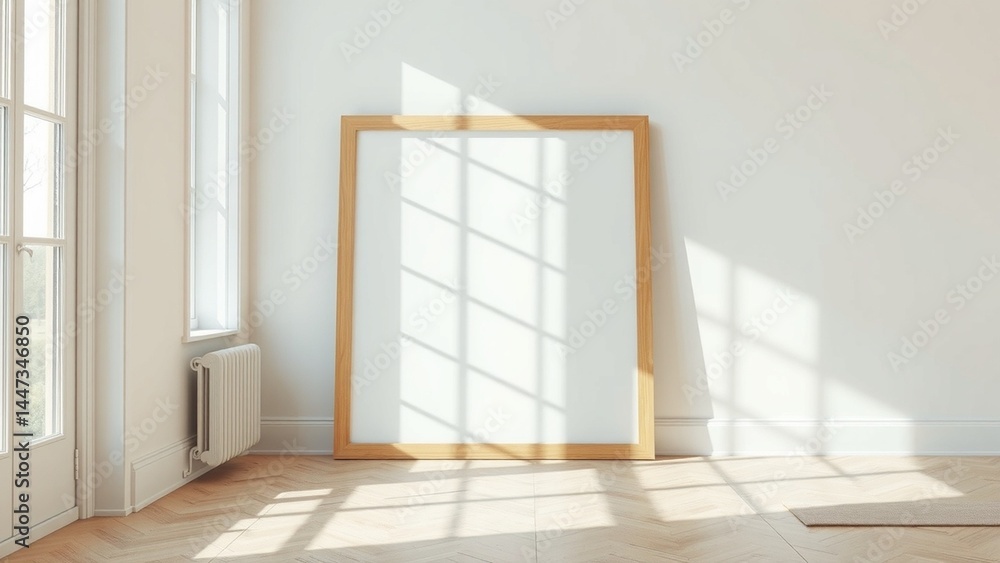 Fototapeta premium A modern minimalist interior scene with a blank square wooden frame leaning against a white wall. Soft natural sunlight enters through large window panes on the left