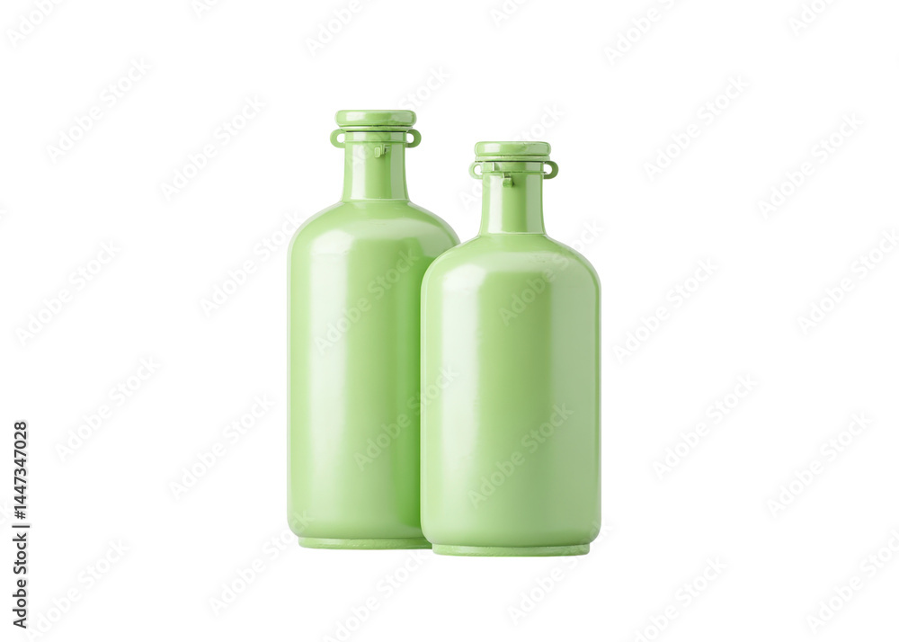 Two light green glass bottles, different sizes, isolated on transparent background. Concept of beverage, liquid, container. Two light green glass bottles, different sizes, isolated on transparent background. Concept of beverage, liquid, container.