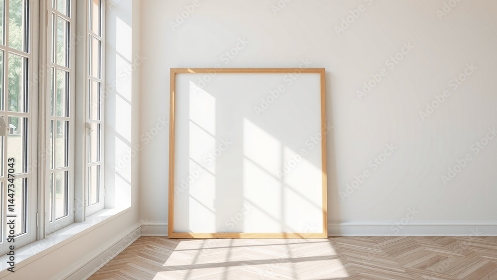 Fototapeta premium A modern minimalist interior scene with a blank square wooden frame leaning against a white wall. Soft natural sunlight enters through large window panes on the left
