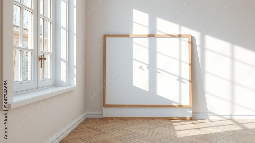 A modern minimalist interior scene with a blank square wooden frame leaning against a white wall. Soft natural sunlight enters through large window panes on the left A modern minimalist interior scene with a blank square wooden frame leaning against a white wall. Soft natural sunlight enters through large window panes on the left