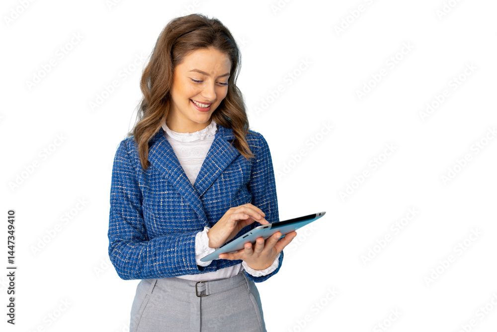 Happy businesswoman browsing on a digital tablet with a transparent background Happy businesswoman browsing on a digital tablet with a transparent background