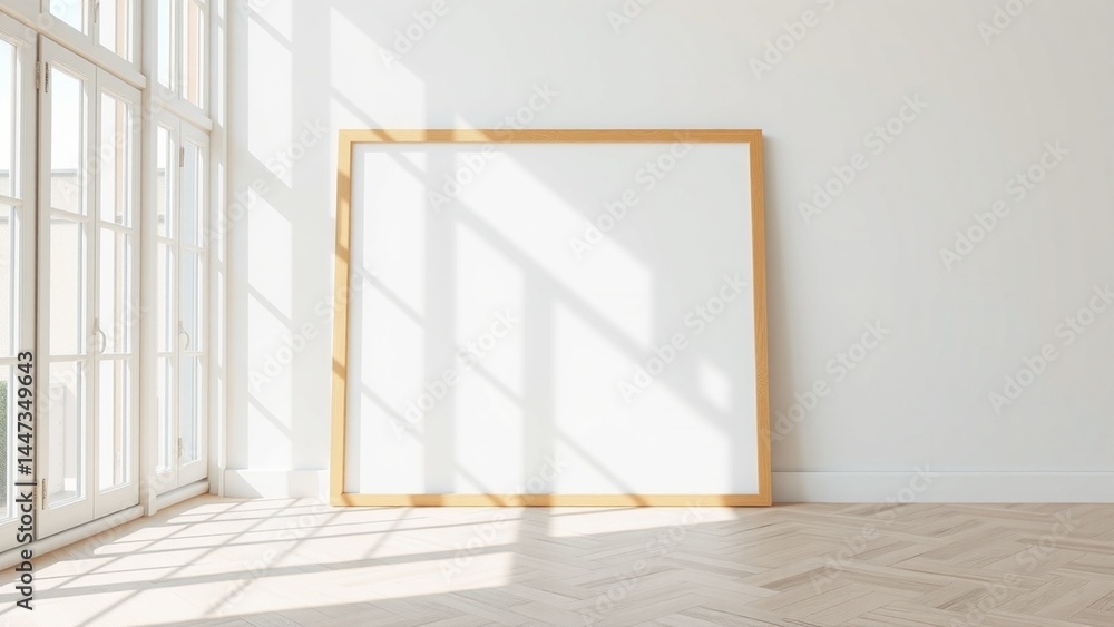 Fototapeta premium A modern minimalist interior scene with a blank square wooden frame leaning against a white wall. Soft natural sunlight enters through large window panes on the left