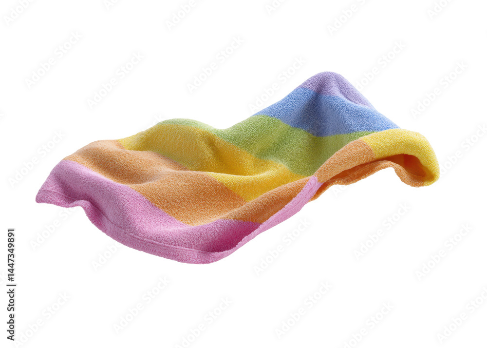 Folded rainbow towel with pink, orange, yellow, green, and blue stripes, isolated on transparent background. Concept of hygiene, cleanliness, drying.