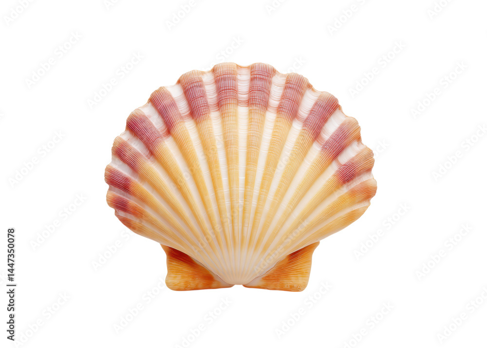 Close up of a scallop shell with ridges and pink hues, isolated on transparent background. Marine life, nature and summer concepts.