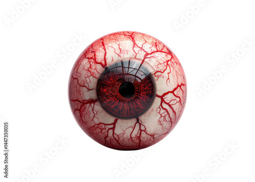 Realistic eyeball with red veins isolated on transparent background. Perfect for horror, Halloween, or medical concepts.