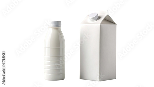 Milk bottle and carton container with white cap isolated on transparency background, fresh dairy product packaging for healthy nutrition and daily use