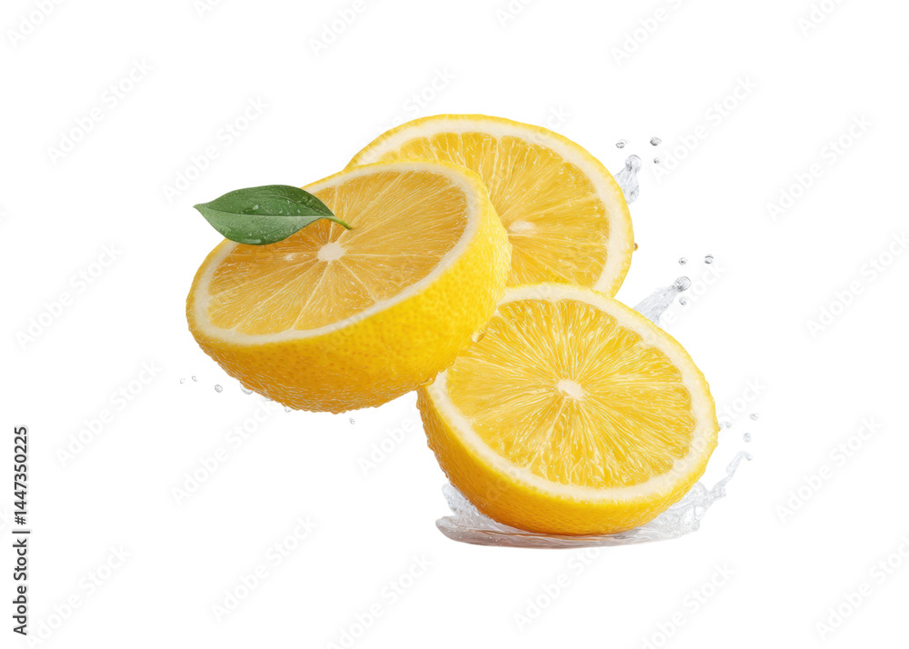 Three lemon halves with a leaf and water splashes, isolated on transparent background. Concept of refreshment, citrus, vitamin C.