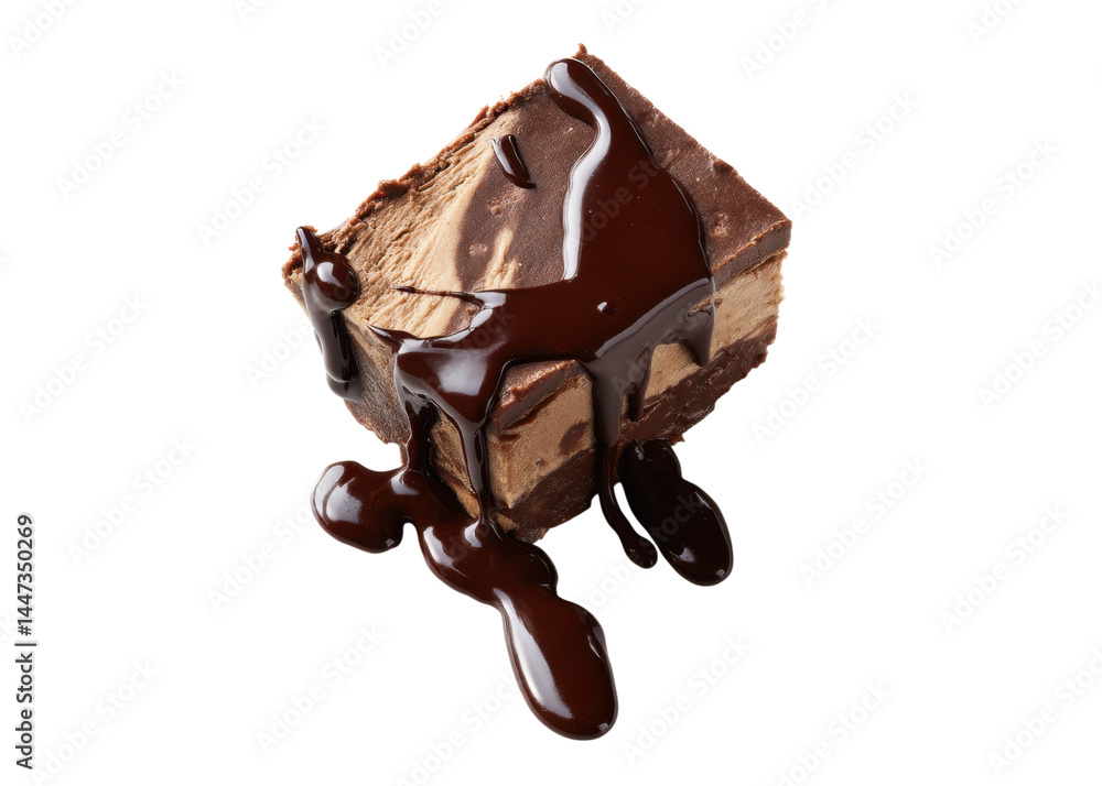 Slice of chocolate layered dessert with chocolate sauce isolated on transparent background. Food, sweet treat, confectionery.