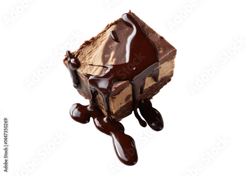 Obraz na płótnie Slice of chocolate layered dessert with chocolate sauce isolated on transparent background. Food, sweet treat, confectionery. w salonie