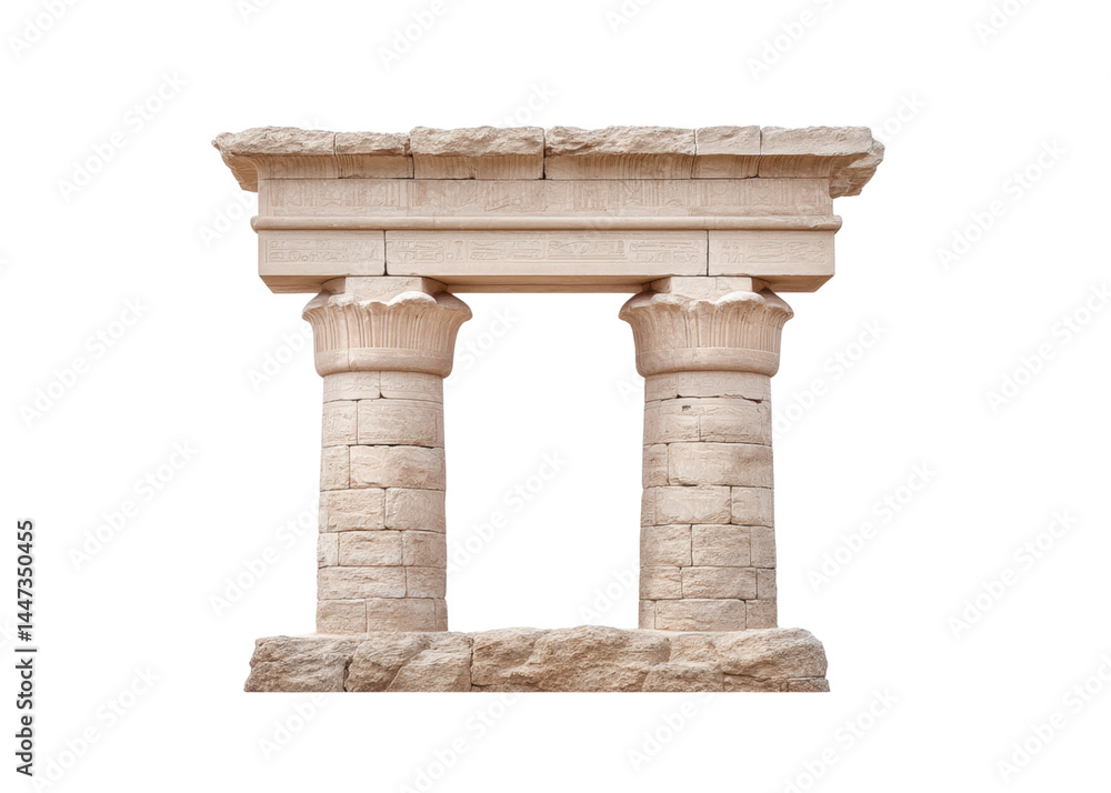 Ancient Egyptian stone archway with columns, isolated on transparent background. Architecture concept, monument concept, history concept.