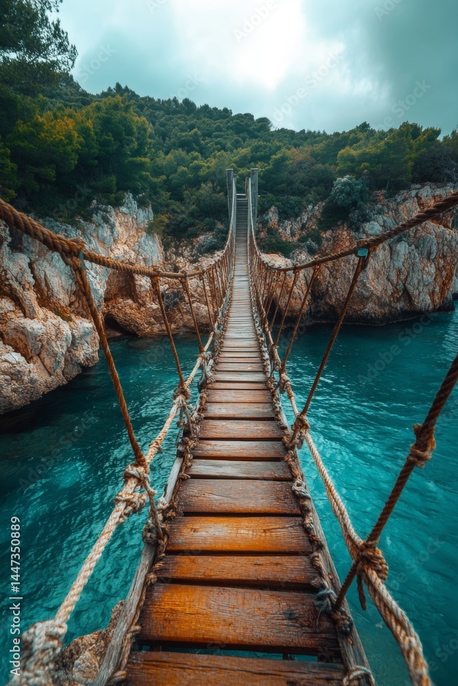 Fototapeta premium A wooden bridge with ropes hanging from it over a body of water