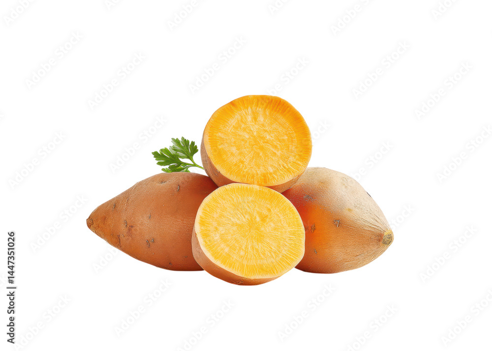 Pile of sweet potatoes, one sliced in half, with parsley garnish, isolated on transparent background. Concept of healthy eating, ingredient, vitamin.