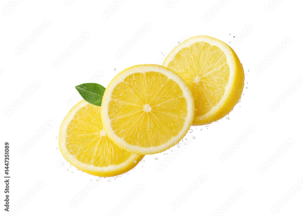 Three lemon slices with a leaf isolated on transparent background. Refreshing citrus fruit, ingredient and healthy eating concept.
