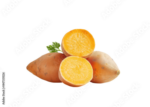 Obraz na płótnie Pile of sweet potatoes, one sliced in half, with parsley garnish, isolated on transparent background. Concept of healthy eating, ingredient, vitamin. w salonie