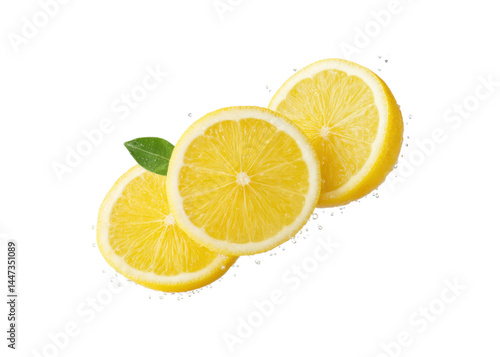 Obraz na płótnie Three lemon slices with a leaf isolated on transparent background. Refreshing citrus fruit, ingredient and healthy eating concept. w salonie
