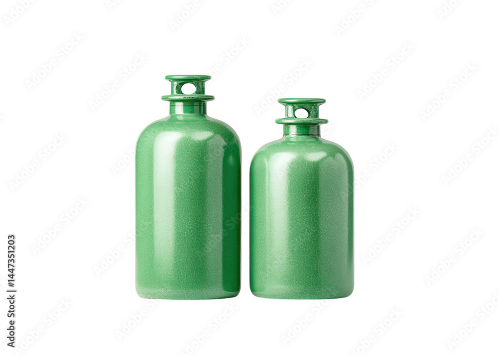 Two green glass bottles of different sizes with a round body and a short neck isolated on transparent background. Decoration, container, object.