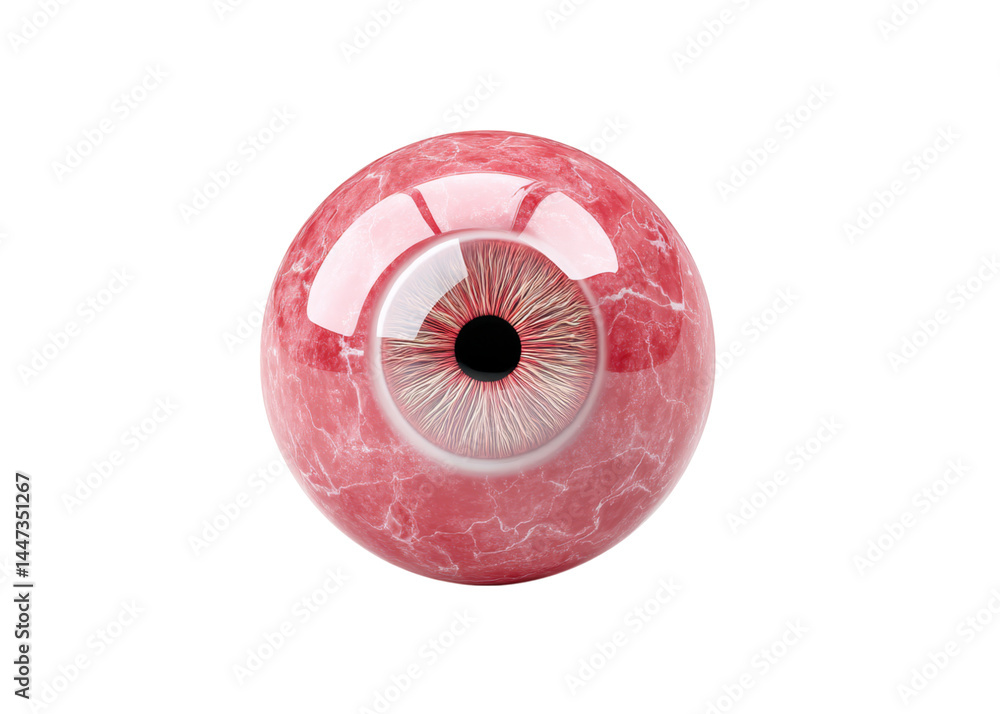 Close up of a pink eyeball with blood vessels, isolated on transparent background. Concept of disease, halloween, medical.