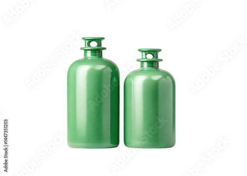 Obraz na płótnie Two green glass bottles of different sizes with a round body and a short neck isolated on transparent background. Decoration, container, object. w salonie