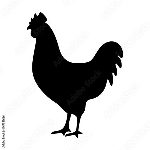 Silhouette of a chicken standing, a black and white depiction in profile
