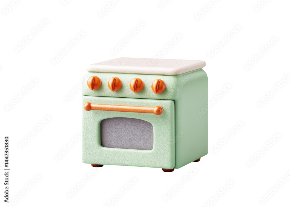 Cute mint green toy oven with orange knobs and handle, isolated on transparent background. Cooking appliance concept, kitchenware, culinary.