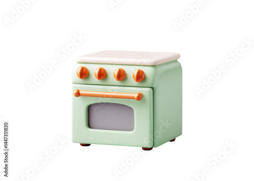Obraz na płótnie Cute mint green toy oven with orange knobs and handle, isolated on transparent background. Cooking appliance concept, kitchenware, culinary. w salonie