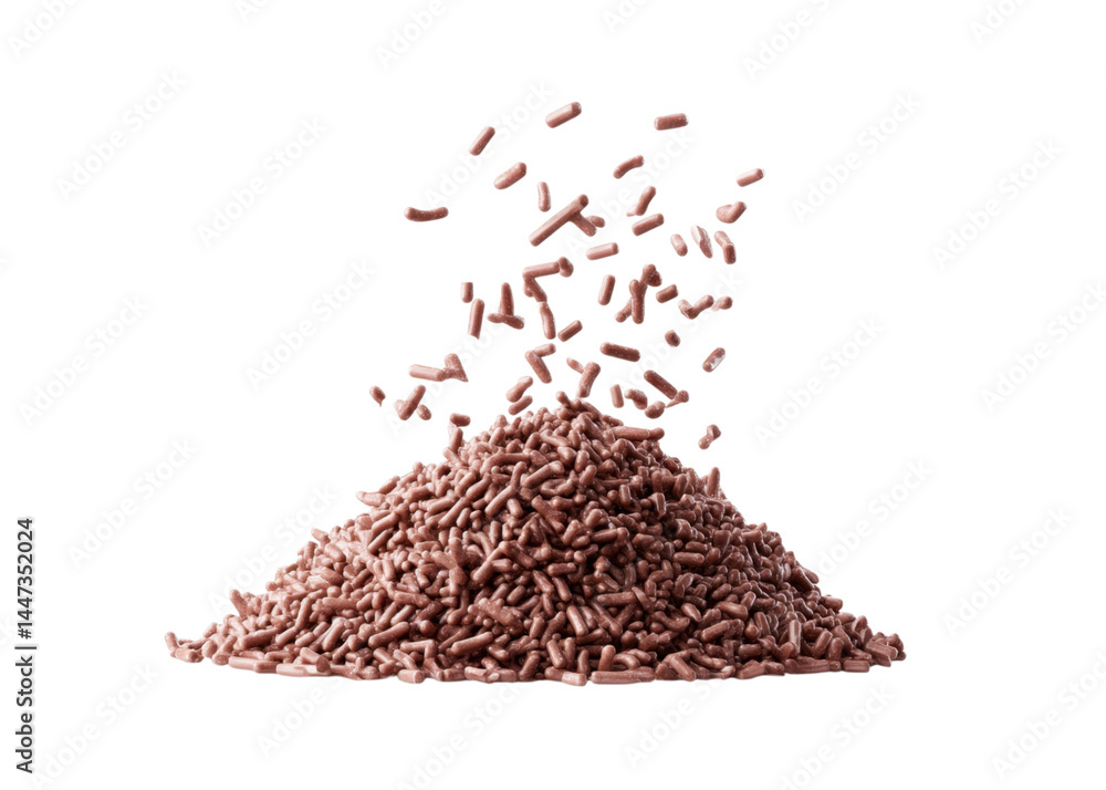 Pile of chocolate sprinkles with sprinkles falling, isolated on transparent background. Concept of confectionery, dessert topping, sweet.