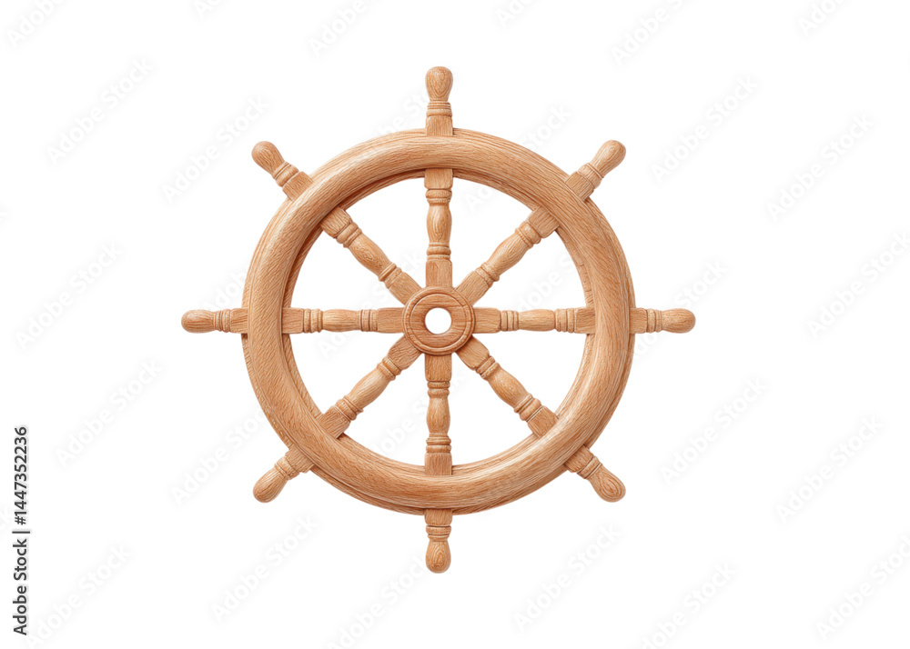 Wooden ship steering wheel with eight handles, isolated on transparent background. Nautical, navigation and travel concepts.