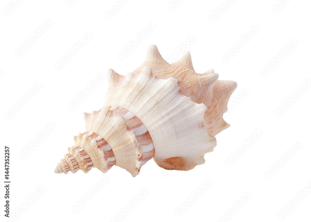 Macro shot of a spiral seashell with ridges and textured surface, isolated on transparent background. Concept of ocean, nature, summer.