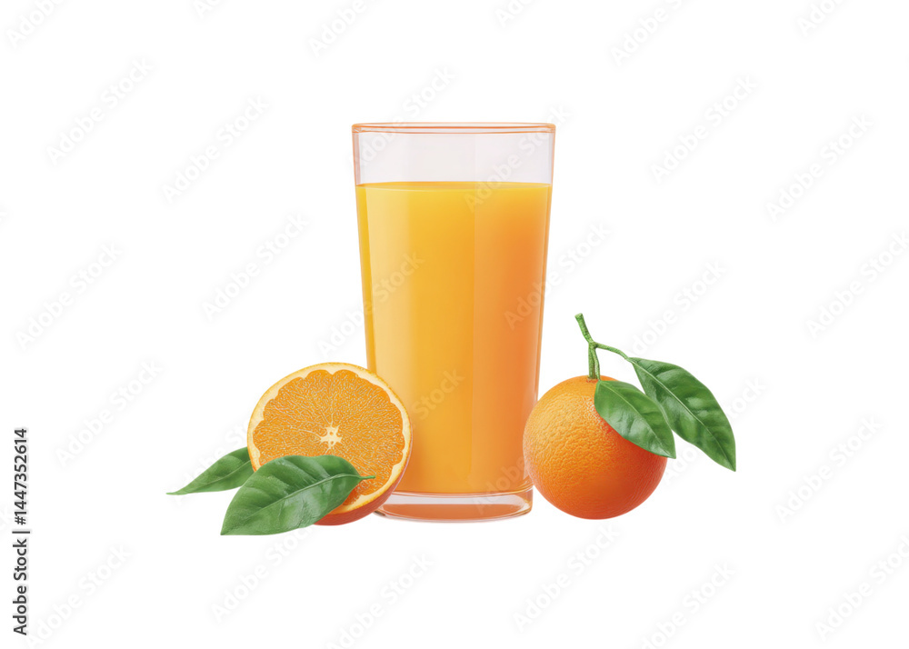 Tall glass of orange juice with sliced orange and whole orange with leaves isolated on transparent background. Concept of freshness, healthy drink, vitamin C.