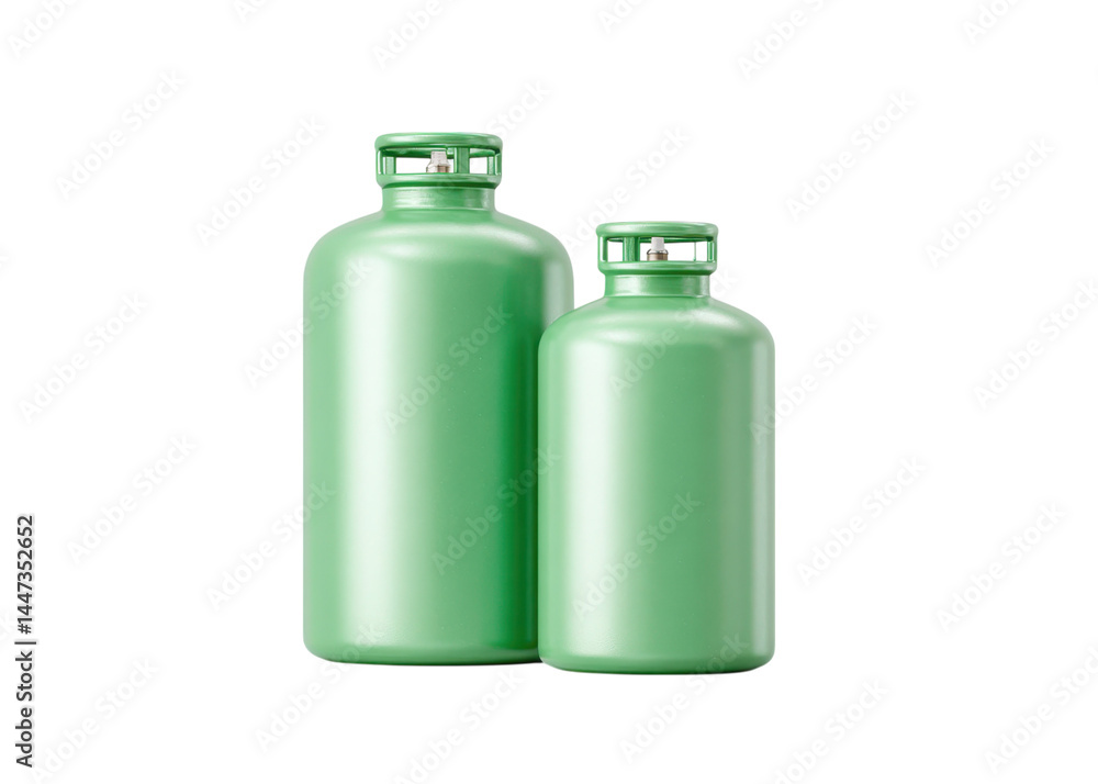 Two green gas cylinders of different sizes isolated on transparent background. Liquefied petroleum gas, propane, butane.