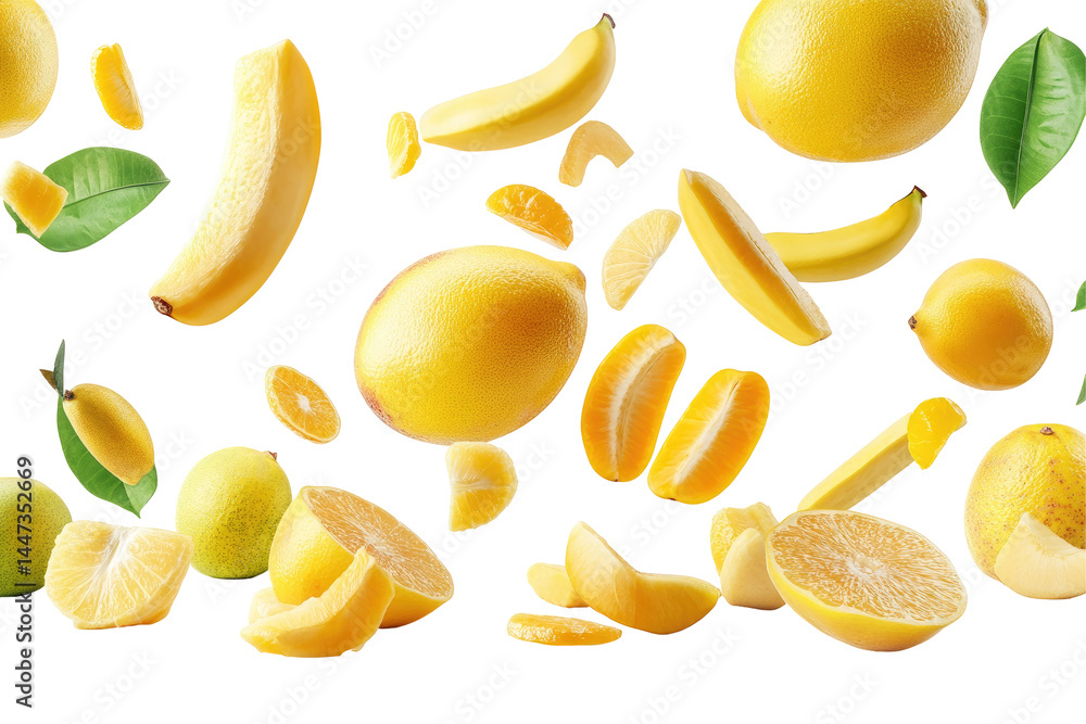 Fresh, vibrant yellow fruits and citrus slices in motion. A mix of whole and sliced bananas, lemons, limes, and oranges, in a dynamic display Fresh, vibrant yellow fruits and citrus slices in motion. A mix of whole and sliced bananas, lemons, limes, and oranges, in a dynamic display