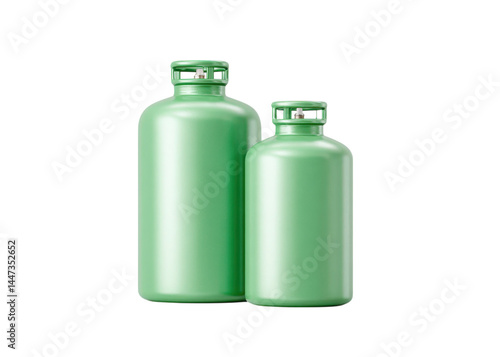 Obraz na płótnie Two green gas cylinders of different sizes isolated on transparent background. Liquefied petroleum gas, propane, butane. w salonie