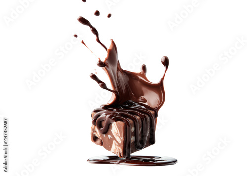 Chocolate cube with splash, isolated on transparent background. Sweet indulgence, dessert topping, and confectionery concept.