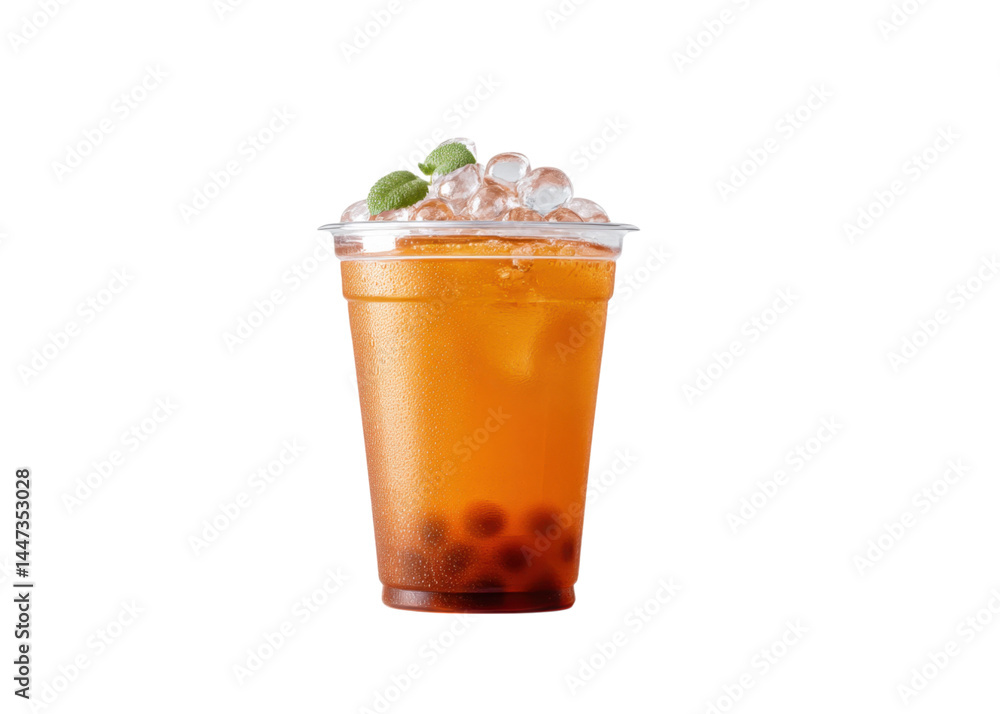 Refreshing iced bubble tea with tapioca pearls and mint leaves in a plastic cup, isolated on transparent background. Summer drink concept, refreshment.