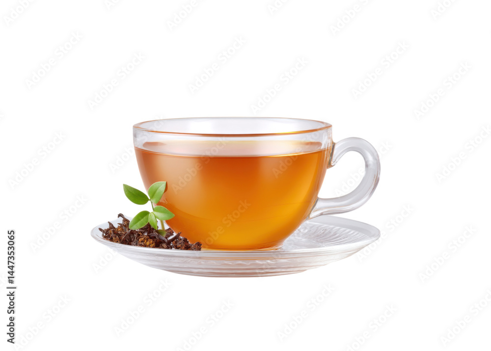 Transparent cup of herbal tea with leaves on a saucer, isolated on transparent background. Beverage, refreshment and healthy lifestyle concepts.