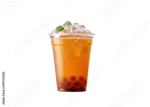 Obraz na płótnie Refreshing iced bubble tea with tapioca pearls and mint leaves in a plastic cup, isolated on transparent background. Summer drink concept, refreshment. w salonie