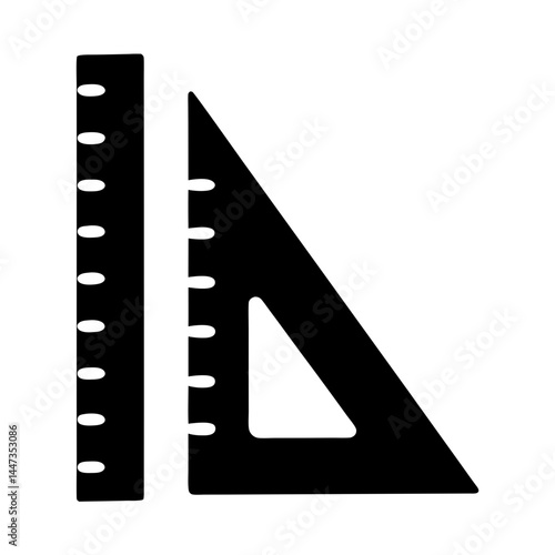 Black and white image featuring a ruler and a set square for drafting