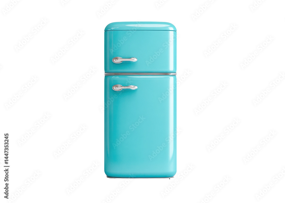 Retro style two door refrigerator in light blue with silver handles isolated on transparent background. Appliance, cooling, kitchen.